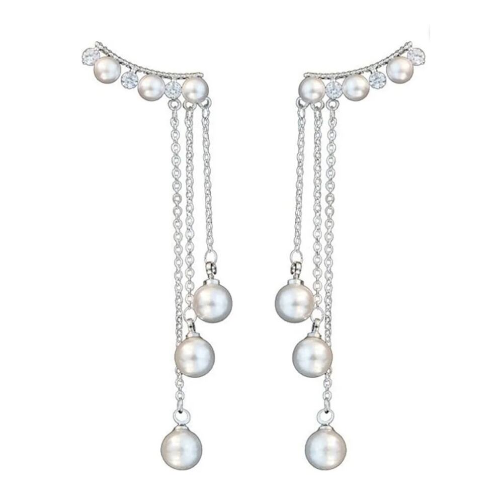 🧚🏻‍♀️ Silver Faux Pearl Climber Earrings Chain Dangle 6.2cm Elegant NIB